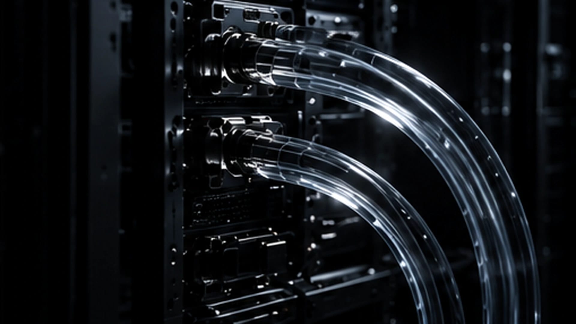 Liquid-cooling lines connected to a server chassis in a dark data hall.